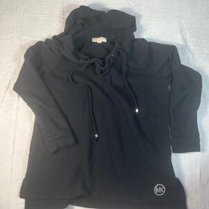 MICHAEL KORS Black Ribbed Lace Up Hoodie Sweatshirt Womens Size 1xlg Bling Logo